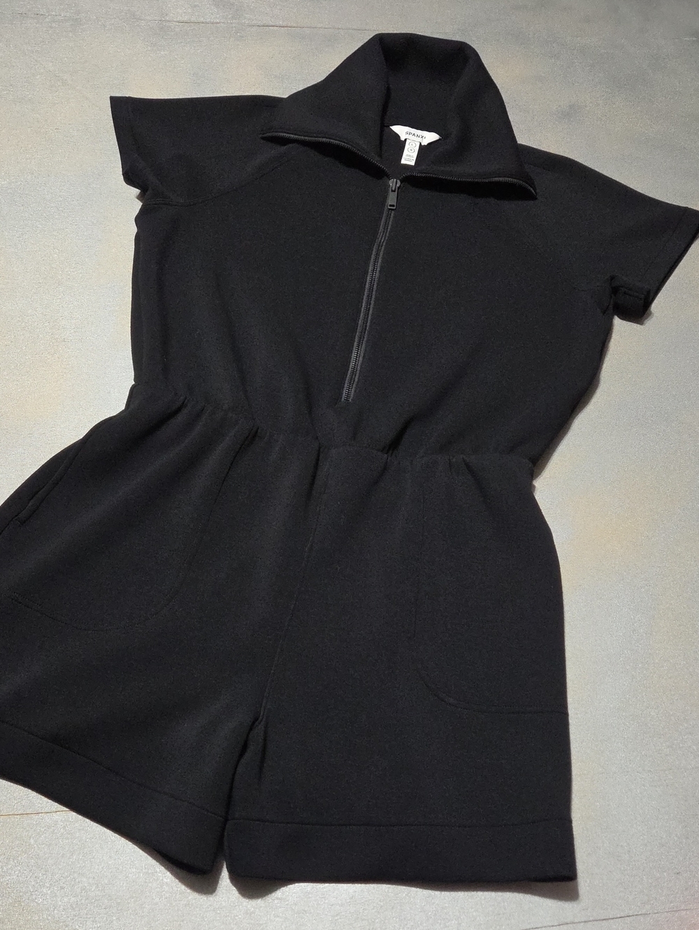 SPANX Black Short-Sleeve Zip Romper with Elastic Waist NWOTS